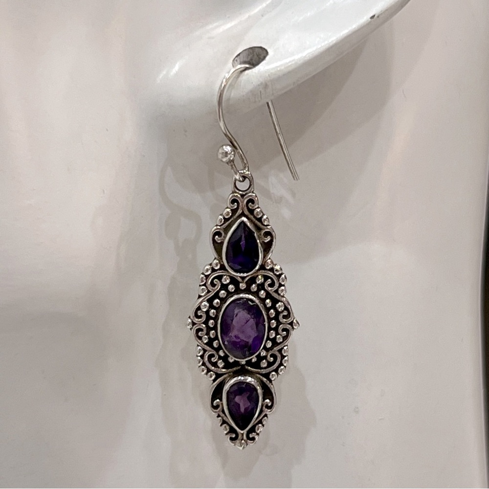 Amethyst Sterling Silver Trilogy Dangle Earrings - Picture 6 of 9